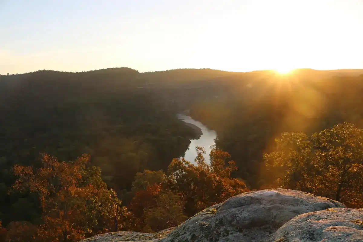 Autumn sunrise over a bend of the Buffalo River in the Lower Buffalo Wilderness