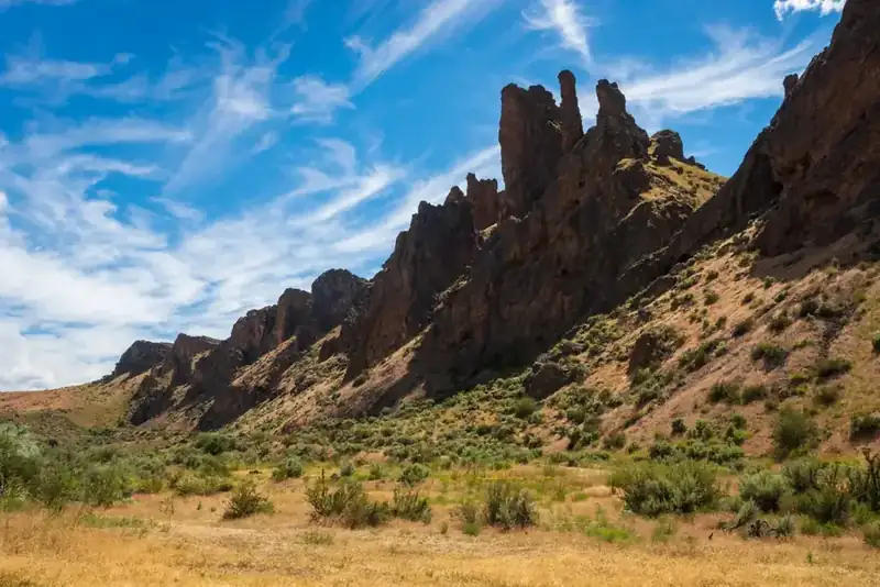 Rhyolite spires and cliffs rising above a sagebrush valley in the Owyhee country