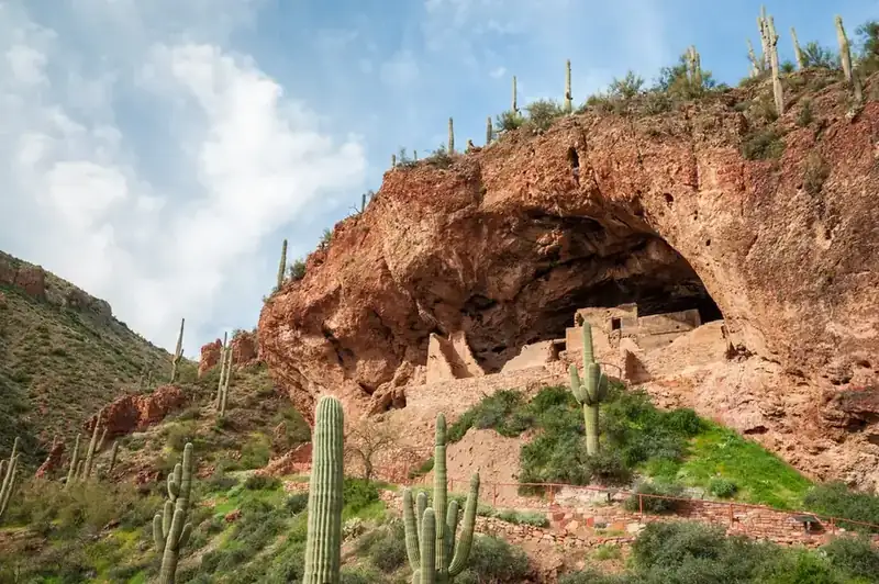 A stone cliff dwelling under a sandstone alcove, with saguaro on the slope below